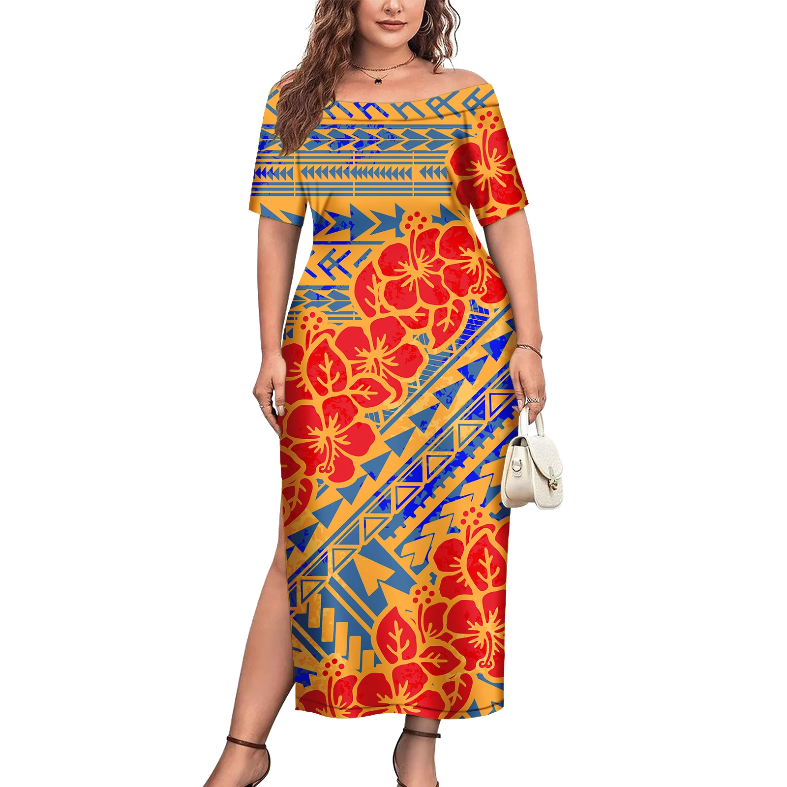 Party Prom Sexy Polynesian Samoan Dress Tribal Flowers Design Ladies Elegant Off Shoulder Hawaiian Dress Slit Hem Island Clothes