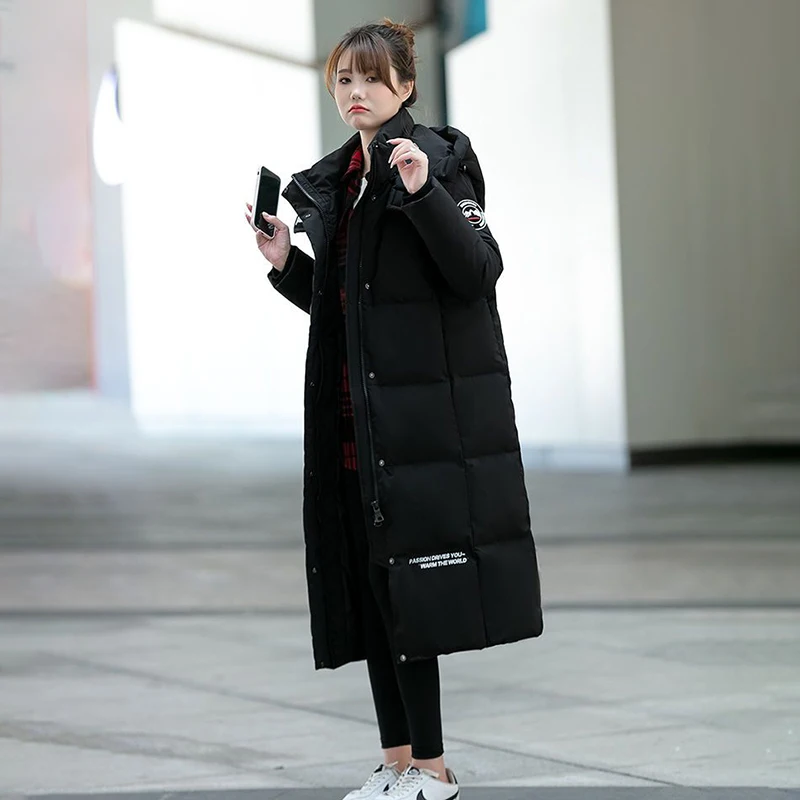 New Hooded White Eiderdown Down  Female Temperament Long Korean Version Loose Fashion Winter Warm Down Thick Coat  Tide