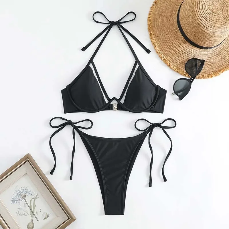 

Сексуальное черное бикини с эффектом пуш-ап 2024, женский купальник, женский купальник, стринги, комплект бикини, бразильский пляжный купальный костюм, стринги, бикини