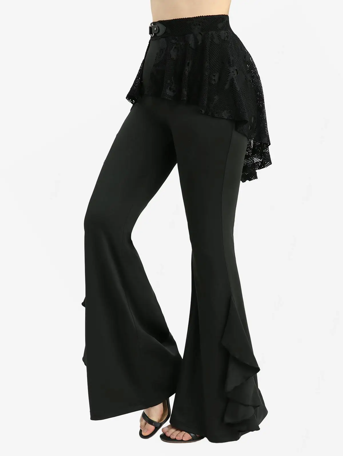 

ROSEGAL Plus Size Skulls Fishnet Overlay Ruffles Skirted Flare Pants Women's Trend Casual Bottoms Black Pant