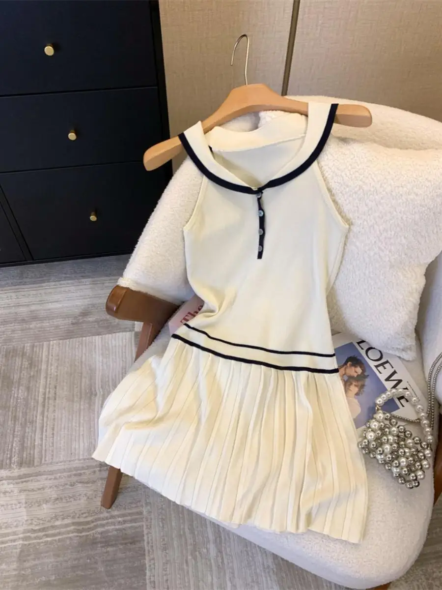 

Preppy Style Mini Dress Women Summer Fashion Sleeveless A-Line Knitting Dresses Ladies Beach Holiday Short Sundress