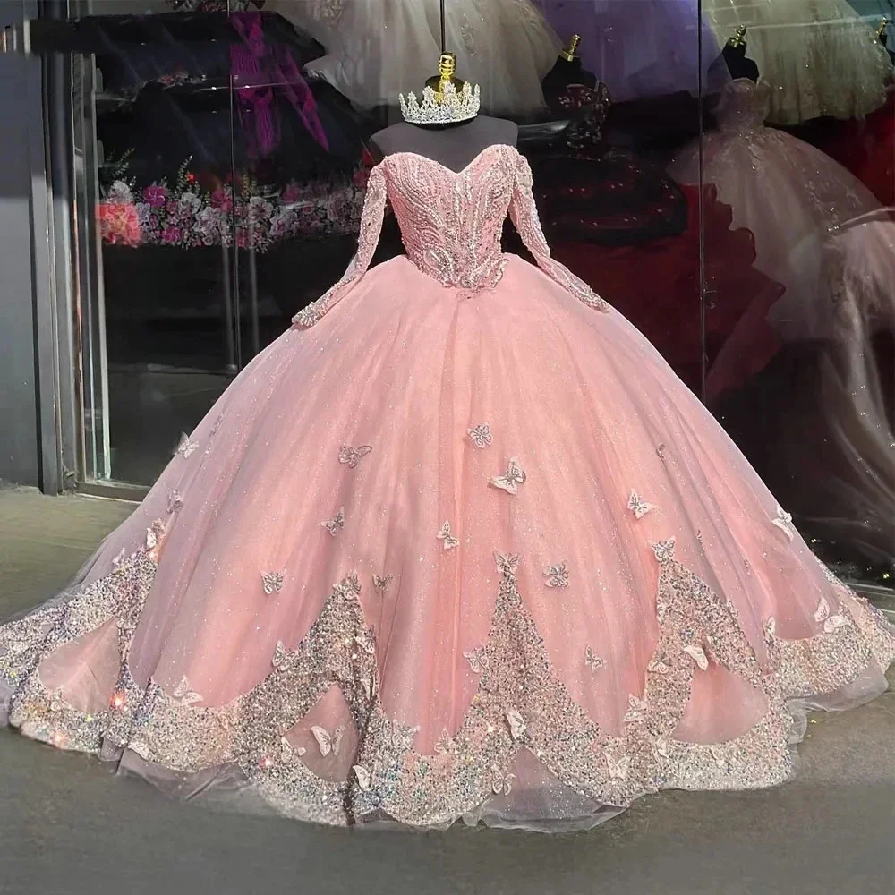 Vestido de baile rosa Glitter com mangas compridas, apliques 3D borboleta, vestido de festa princesa, vestidos Quinceanera, 15 anos