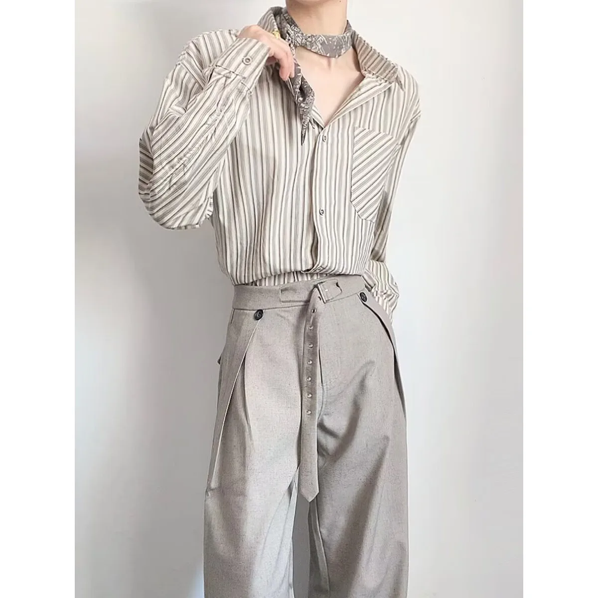 

Loose Casual Striped Long Sleeve Shirt Oversize Autumn Winter Men's Fashion Outerwear Coat Classic Style Polyester Fiber