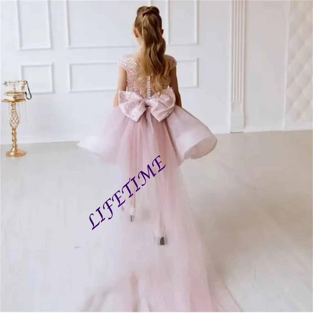 

Индивидуальное платье для девочки-цветочницы: розовое, с пайетками, бантом и шлейфом, без рукавов, для свадьбы, выпускного, дня рождения, банкета, праздничное платье принцессы