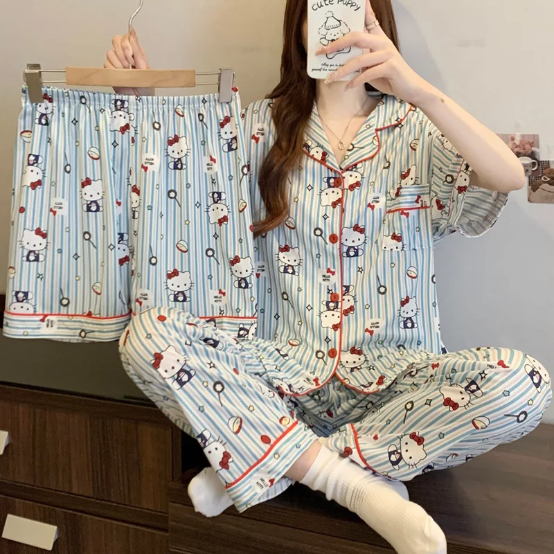 

Sanrio Kit Girl Сексуальная футболка Шорты Пижамный костюм Kawaii Hello Kitty Аниме Модные студенческие брюки Одежда для отдыха Костюм-тройка