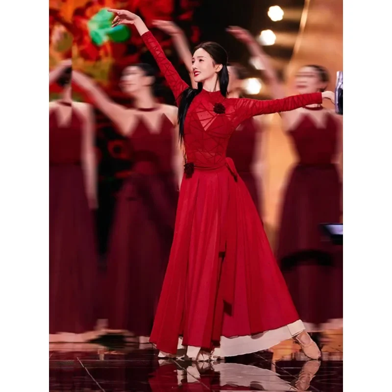 Jin Chenbu Same Classical Dance Costume Women Elegant Ethnic Dance Red Big Skirt New Performance Costume for Women Set 4-piece