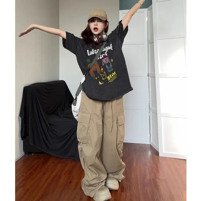 

American retro old washed ash heavy cotton short-sleeved T-shirt women's summer new Guochao loose and thin top