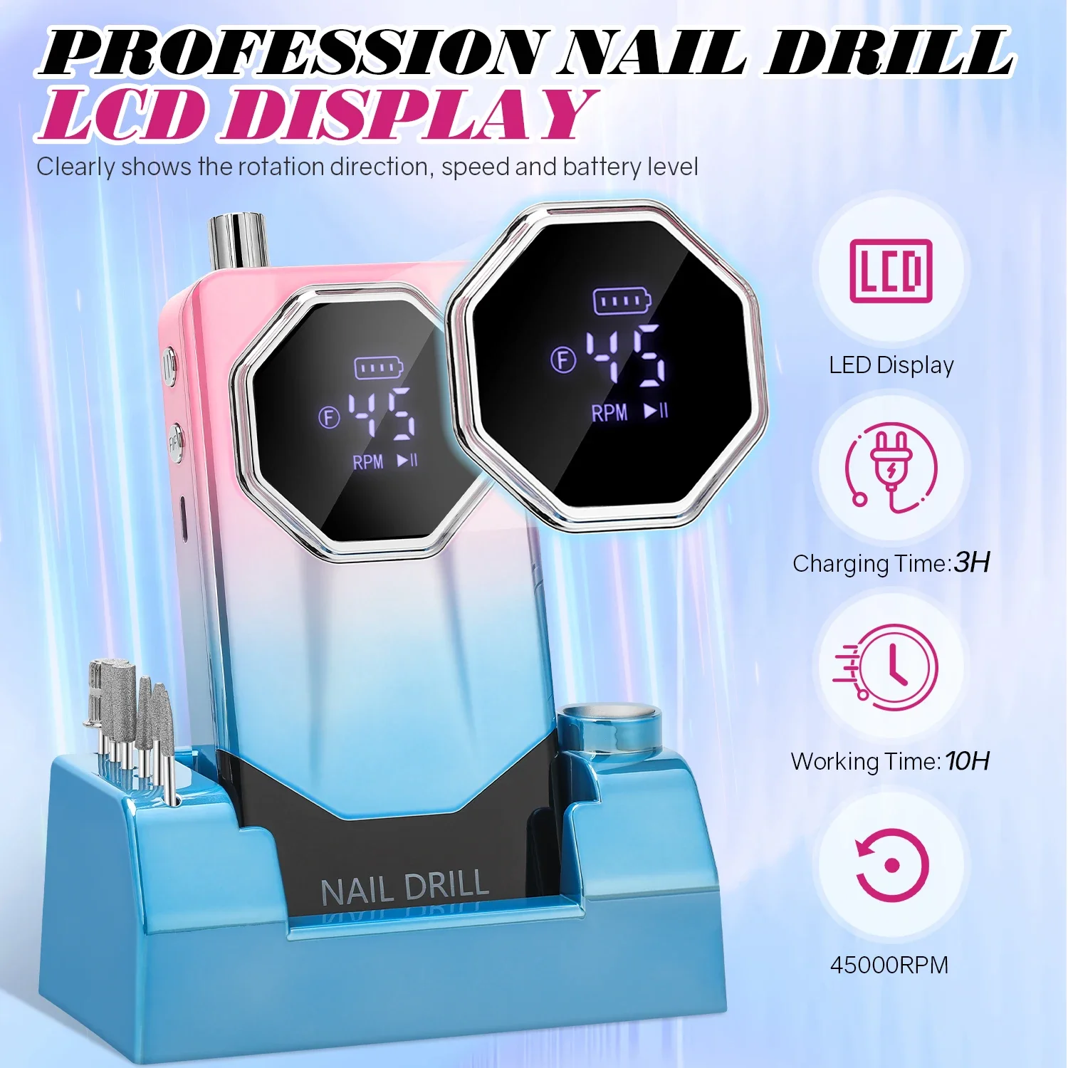 45000RPM Rechargeable Nail Drill Machine for Nails Electric File With HD Display Metal Manicure Pen Professional Nail Sander