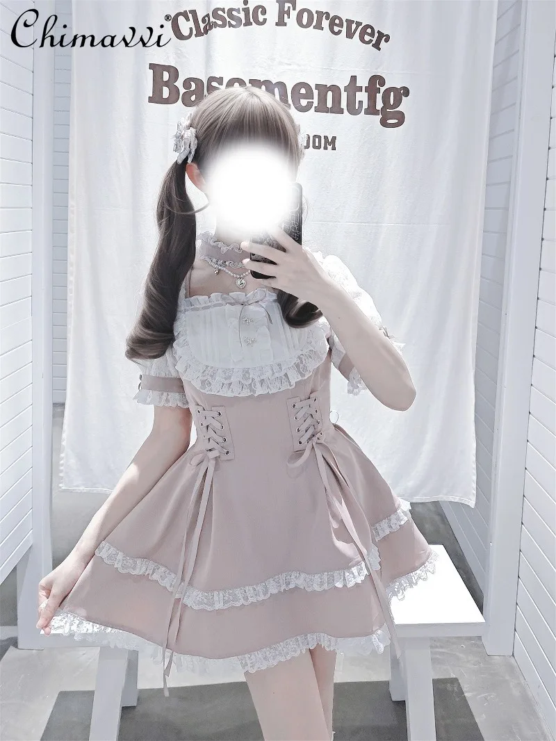Japanese Sweet Lace Short Sleeve Slim Dress Top + Shorts Two-Piece Set 2025 Autumn Cute Girl Princess Lolita Two-Piece Set