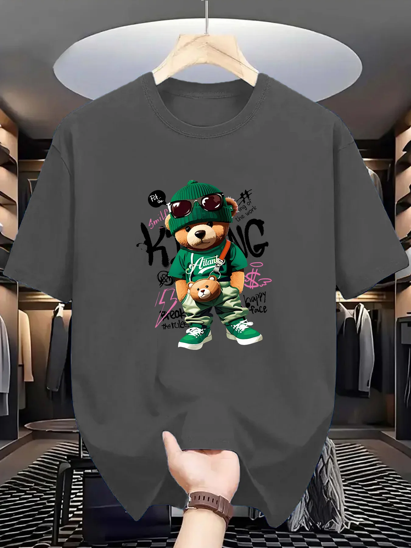 Men's Summer 100 Cotton Fashionable Casual Loose Large Geometric Bear Pattern Printed Sports Round Neck Short Sleeve T-shirt Top image 2