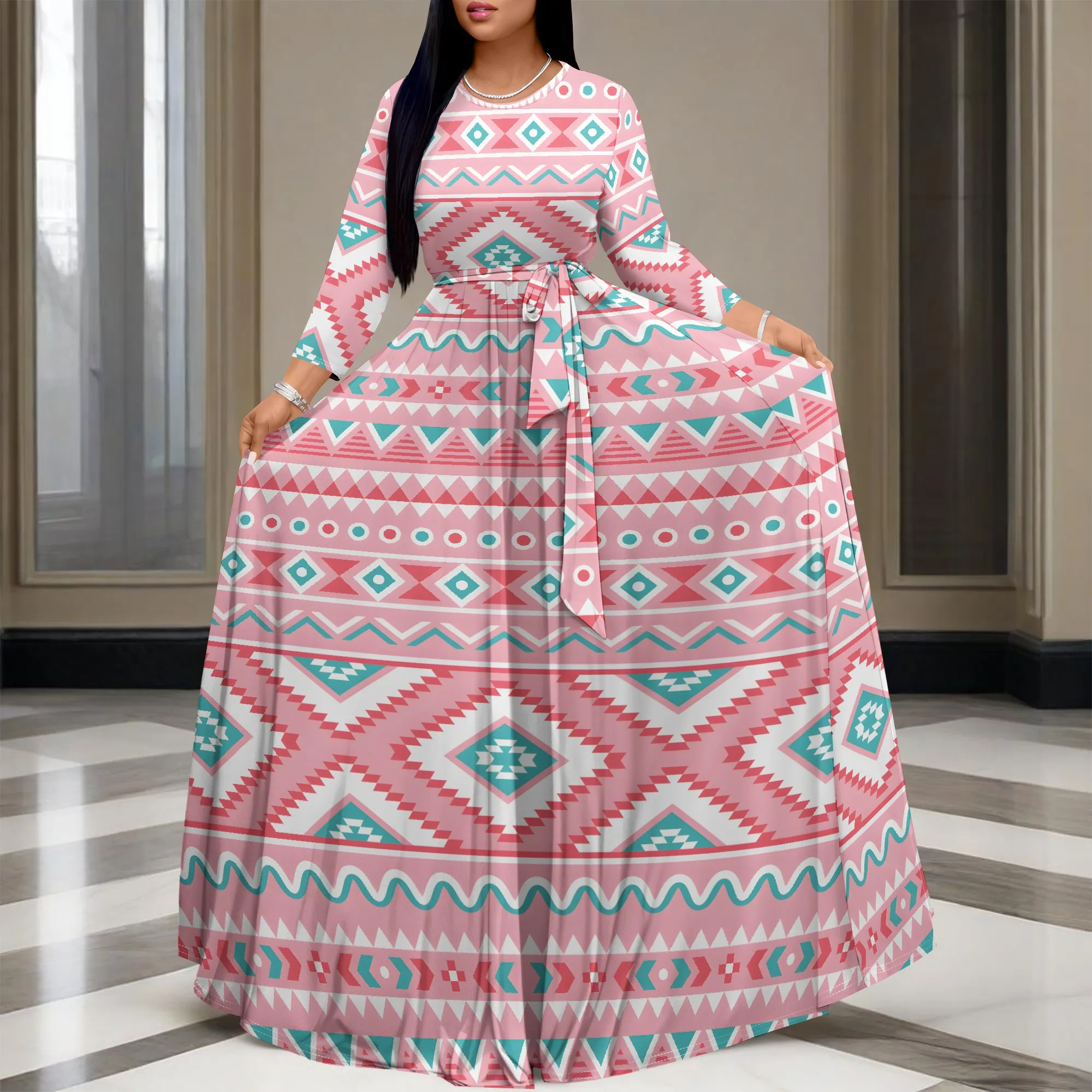 

Women's Summer Autumn 3/4 Sleeve V-neck Long Dress, 3D Printed Princess Skirt With Pockets And Waist Belt