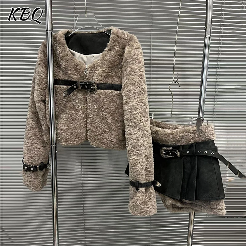 

KBQ Loose Spliced Belts Two Piece Sets for Women Round Neck Long Sleeve Short Tops High Waist Mini Skirts Chic Set Female New