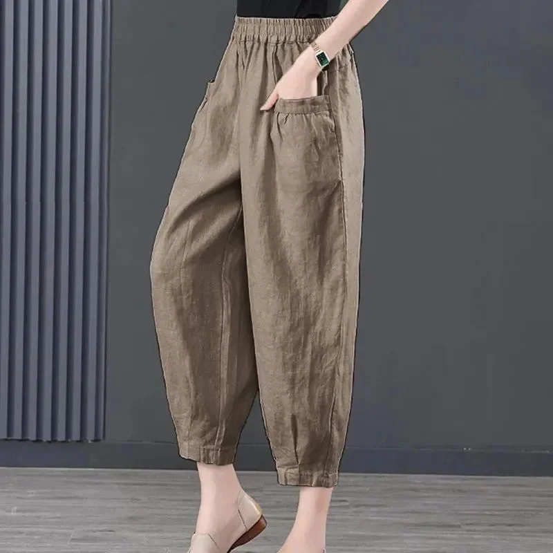 Pantalon sarouel en coton et chanvre pour femmes, ample, couleur unie, court, décontracté, neuf points, carotte, été 2025, pour maman
