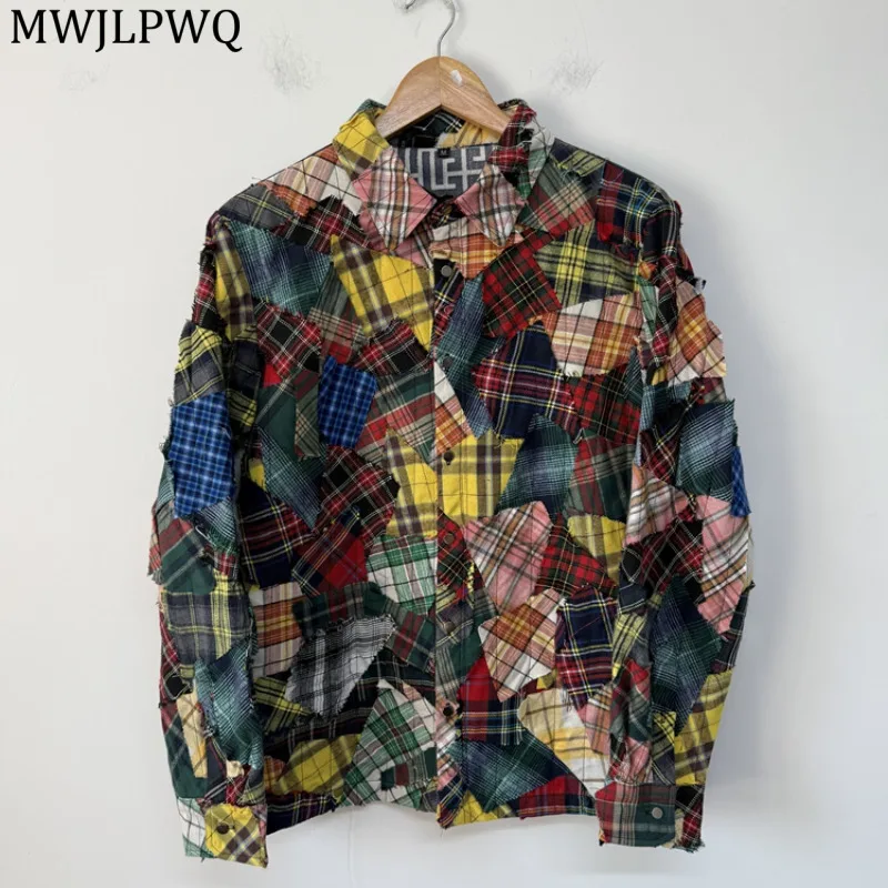 

MWJLPWQ Heavy Industry Deconstructed Frayed Edge Shirt High Street Plaid Patchwork Niche Design New Men's Greg Beggar Tops 21046