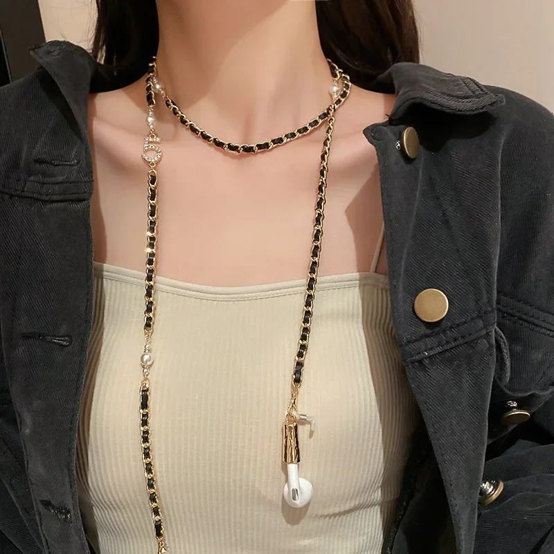 PU Twisted Long Chain Necklace for Women Classic Pearl  Necklaces -can hold Earphone