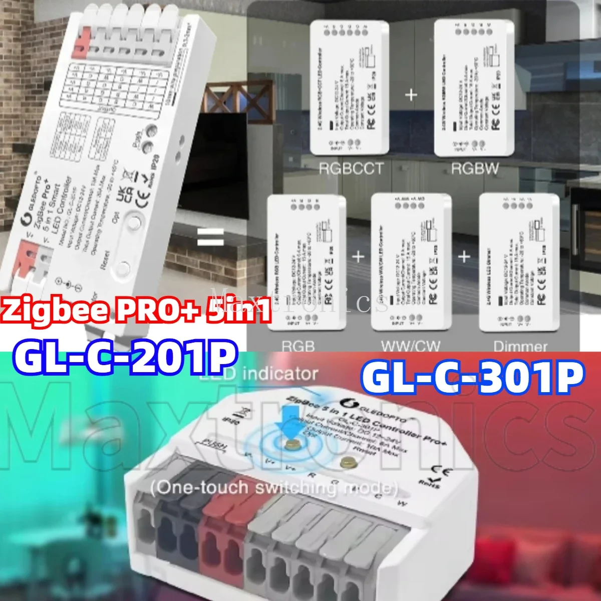 Zigbee Pro+ 5 in 1 LED Strip Controller RF Remote Control RGBCCT/RGBW/RGB/CCT/Dimmer 10A Max Alexa Tuya Smart APP Voice GLEDOPTO