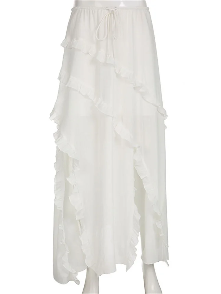 Tossy White Ruffled Patchwork Long Skirt See-Through For Women Split Summer Beach Holiday Maxi Skirt Women's Fashion Y2k Skirt