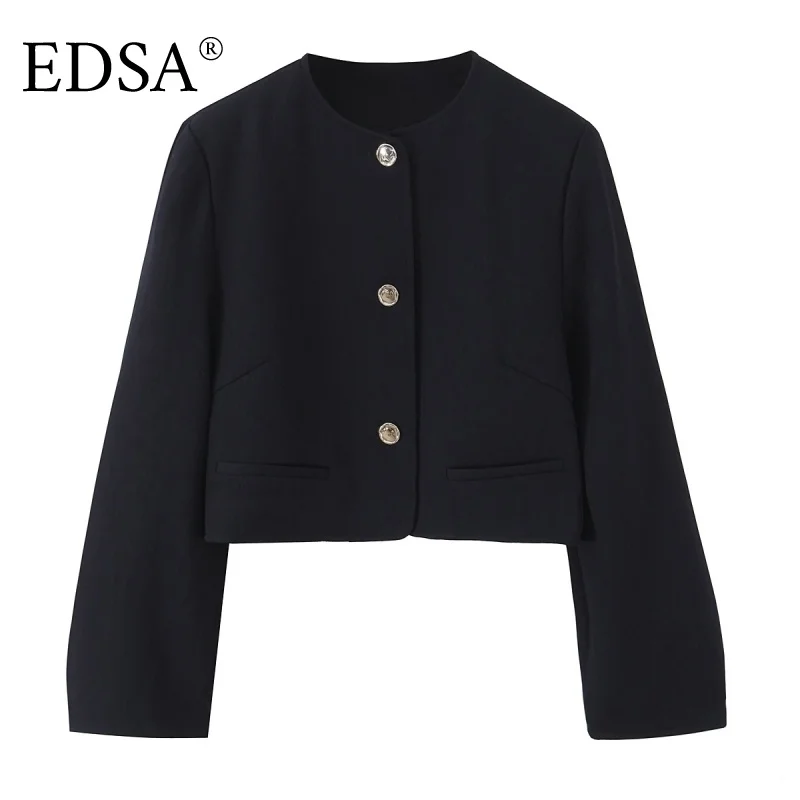

EDSA женский укороченный пиджак с подплечниками, однобортный, с золотыми пуговицами, с круглым вырезом, с длинными рукавами, короткая куртка, пальто