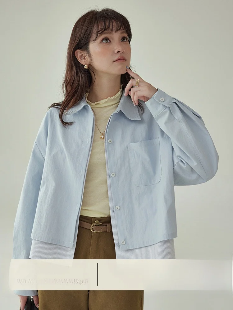 

Original Blue Outerwear irt Women's Long Sve Single Button Fake Two-Piece Autumn Faionable Comfortable Breathable Cott...