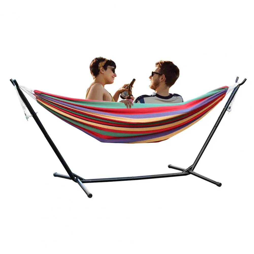 Basics Double Hammock with Space Saving Metal Stand, Indoor Hammock Stand with Carrying Bag, Strong Load-Bearing, Striped Print