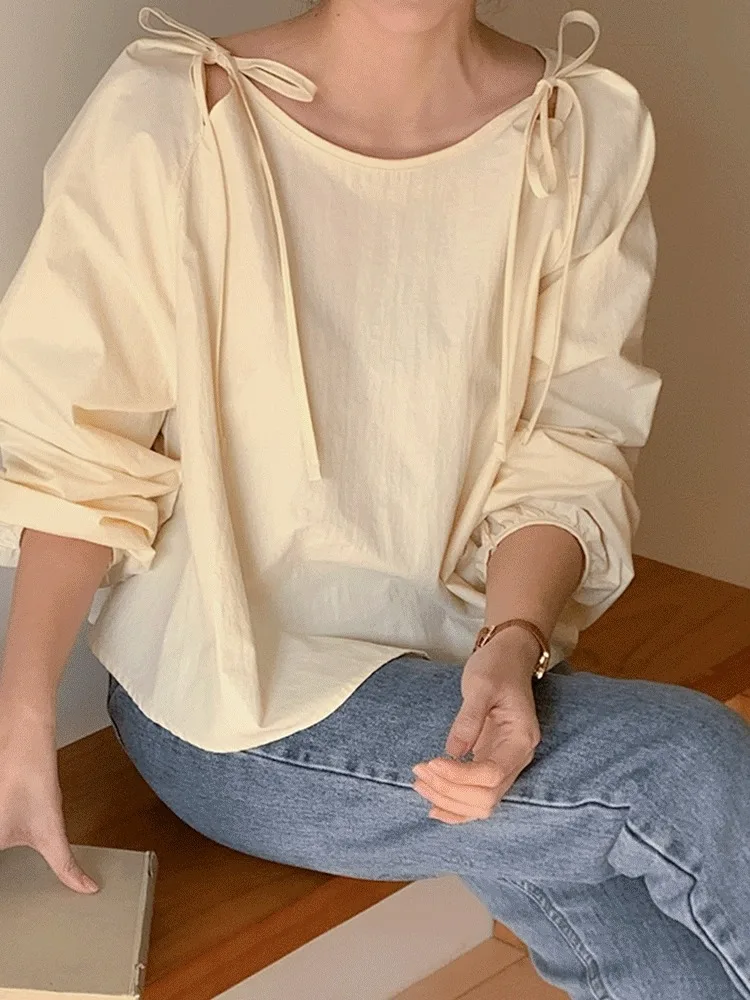 세련된 봄 안티 에이징 나비 매듭 느슨한 어깨 슬리브 태양 보호 루즈 셔츠 탑 신선한 스타일 통근 캐주얼 퓨어 컬러