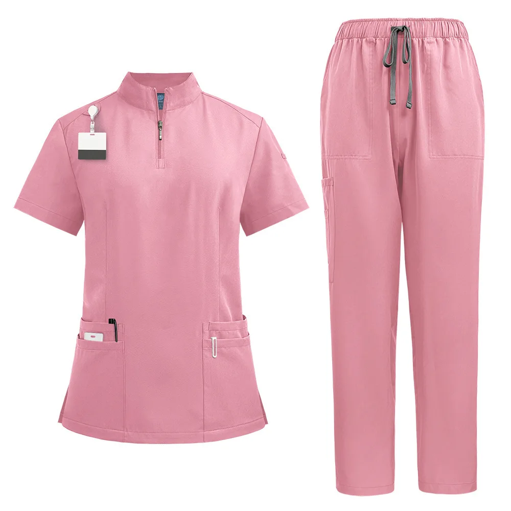 Trendy Zip Stand-up Collar Nurse Work Uniform Women Men Surgical Gown Operating Room Straight Leg Pants Dentist Nursing Suit