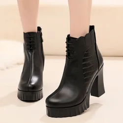 10cm Small Size 32-43 Elegant Fashion Soft Leather Boots Women Platform Shoes 2025 Winter Block High Heels Ankle Boots Office