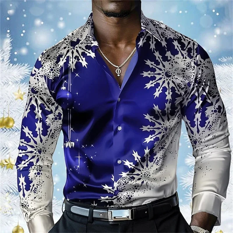 Men's shirt, party party Christmas scene print, casual long-sleeved shirt, lapel button snowflake pattern, party wear