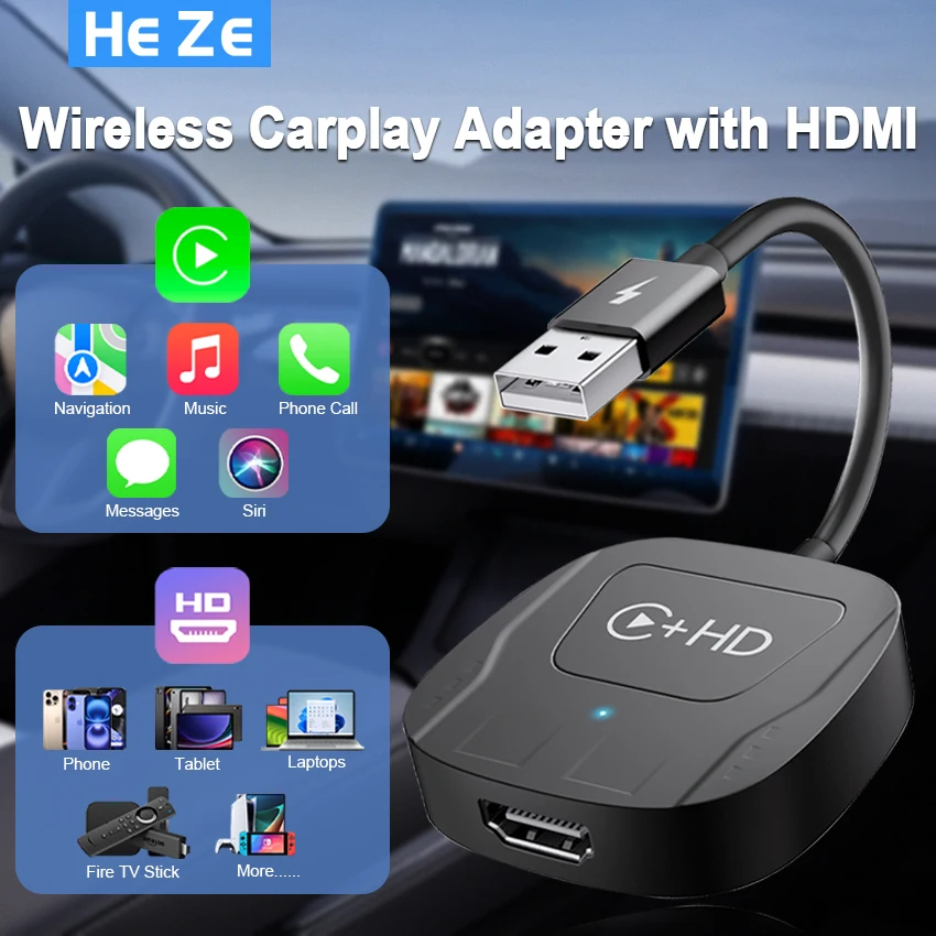 Bezprzewodowy adapter Carplay z HDMI, bezprzewodowy konwerter klucza USB iPhone Carplay do fabrycznego przewodowego Carplay na bezprzewodowy