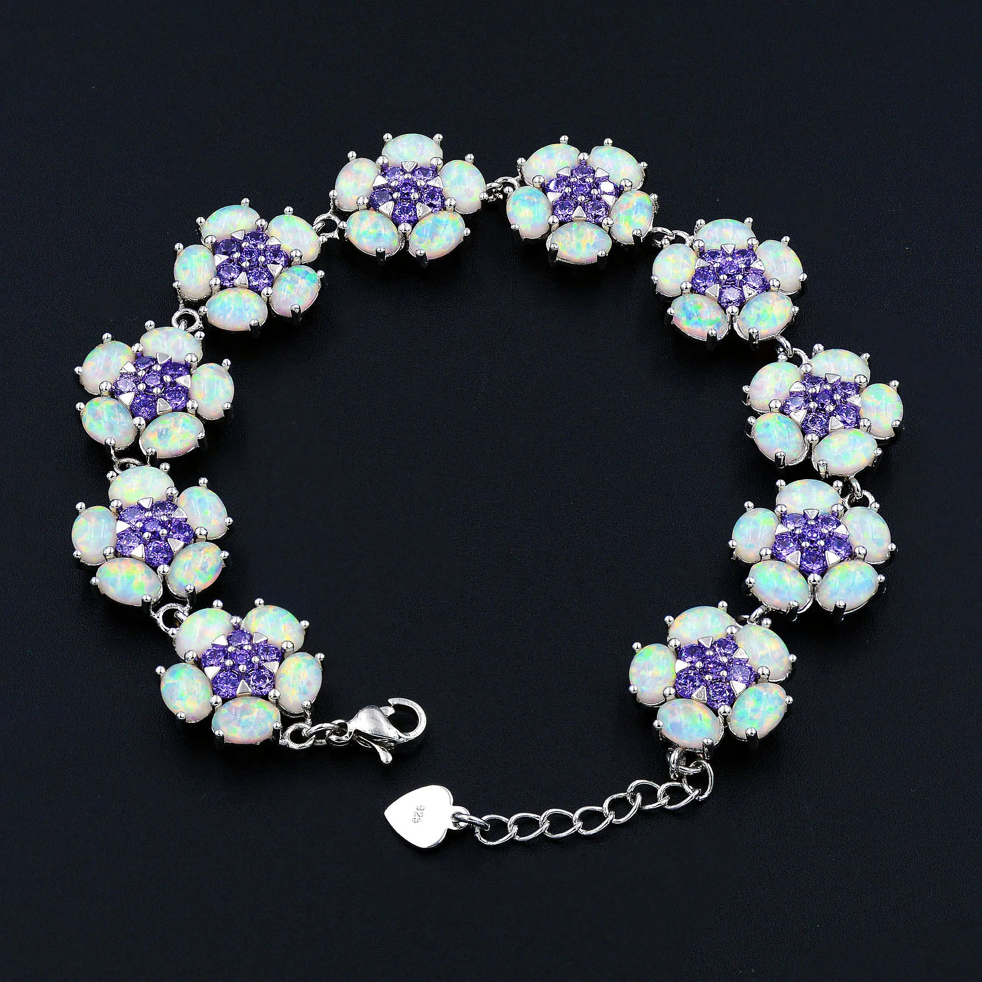 Flower Shaped Lab-created Fire Opal Link Bracelet and Matching Earrings Rahodium Plating