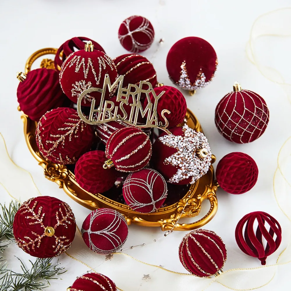 4pcs 6/8cm Wine Red Flocking Christmas Balls Sequined Sparkling Christmas Tree Ornament Balls Various Style Combinations