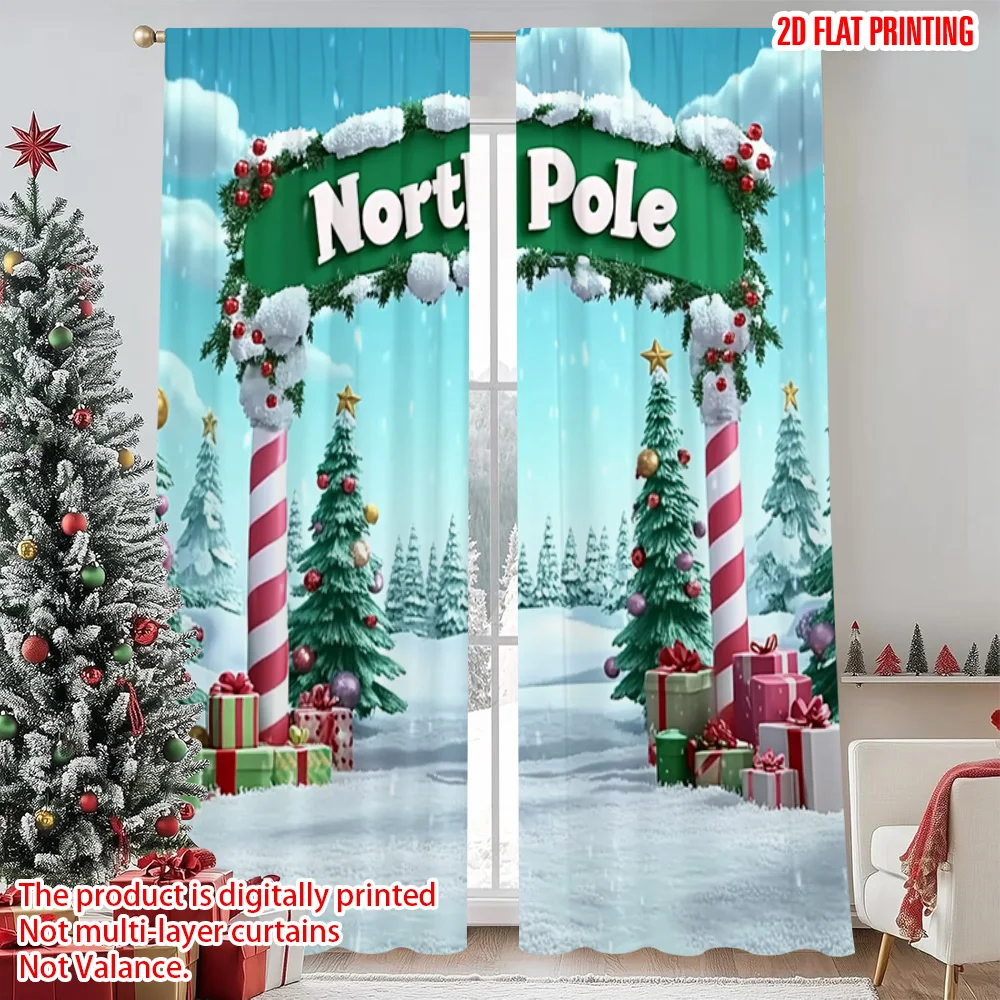 

2pcs 2D flat printing Merry Christmas Curtain Snow scene with candy cane Machine Washable Polyester Without Electricity Family