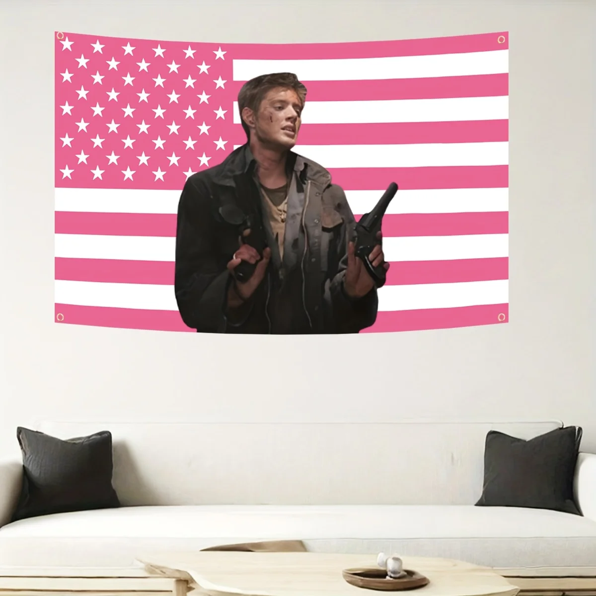 1pc Dean Winchester Supernatural Pink American Flag Tapestry, TV Show Fan Wall Hanging, Cool Room Stuff, Large Size, Polyester 2