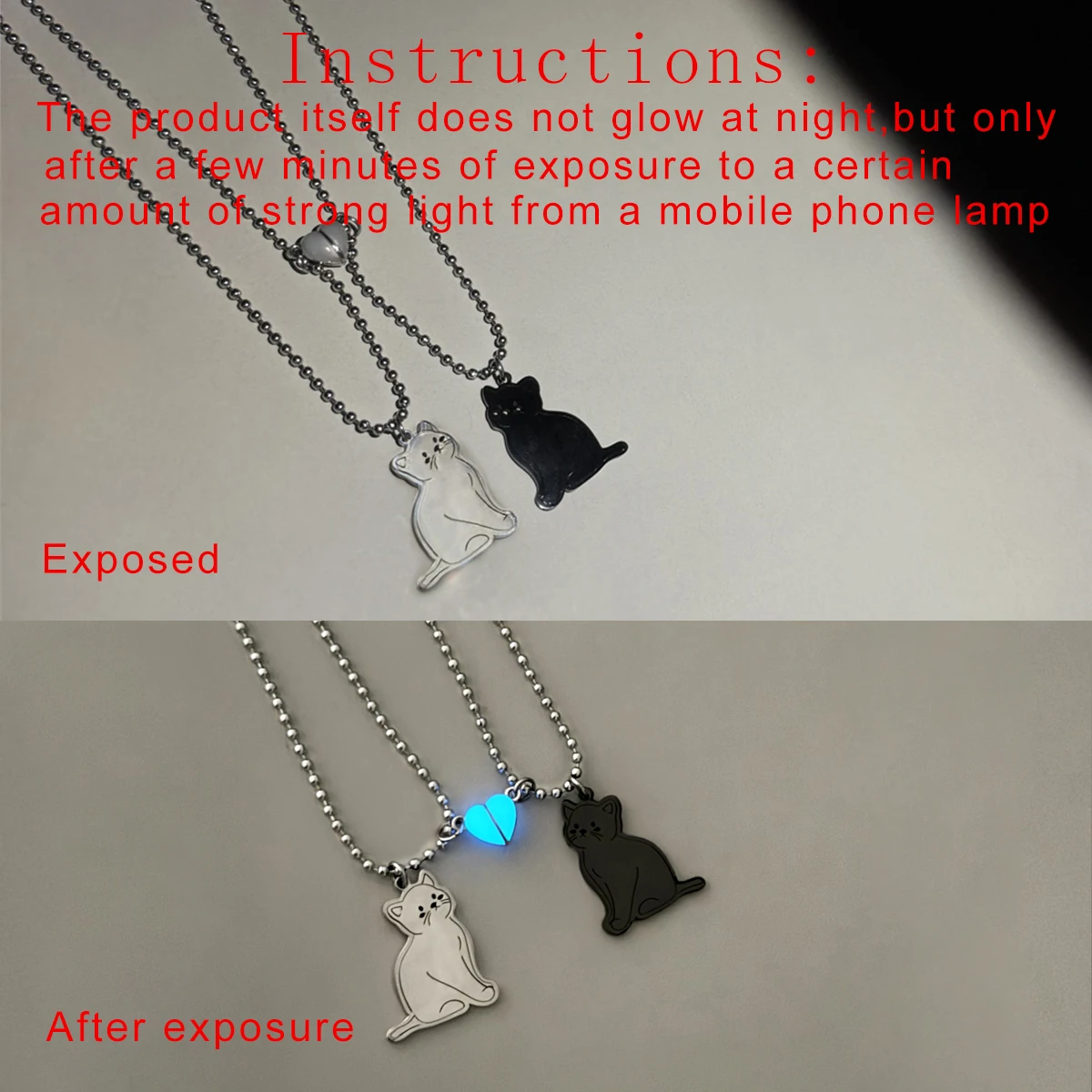 2 قطعة/مجموعة قلادة على شكل قطة من الفولاذ المقاوم للصدأ على شكل قلب مضيء سلسلة من الخرز الصلب قلادة للزوجين على شكل قلب قلادة عصرية مغناطيسية #4