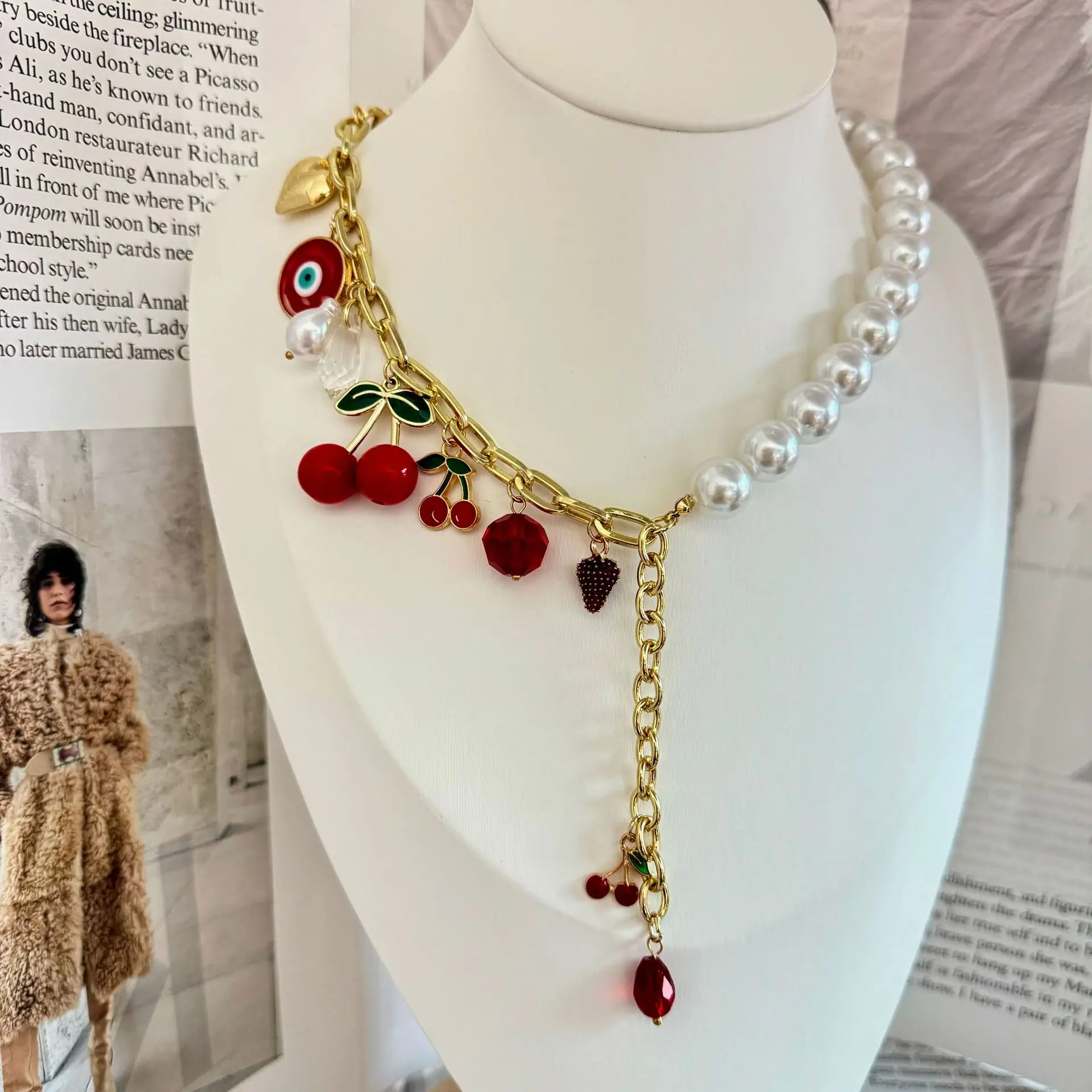 Exaggerated Cherry Strawberry Fruit Necklace, Tassel Pearl Personalized Clavicle Chain, Women Trendy Delicate Jewelry Gift