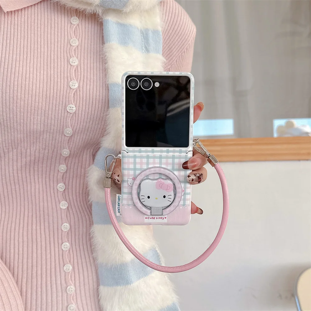 

Korean INS Plaid Kitty Magnetic Stand Mobile Phone Case for Samsung Galaxy Z Flip7 Flip 5 Flip 6 7FE Cover Cute Protection Cases