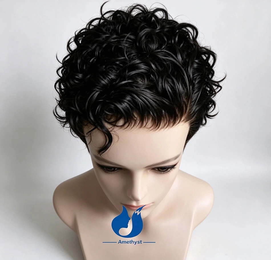 Amethyst Curly Full Lace Wig for Men Short Pixie Cut Brazilian Remy Human Hair Bleached Pre Styled Male Hair Natural Black