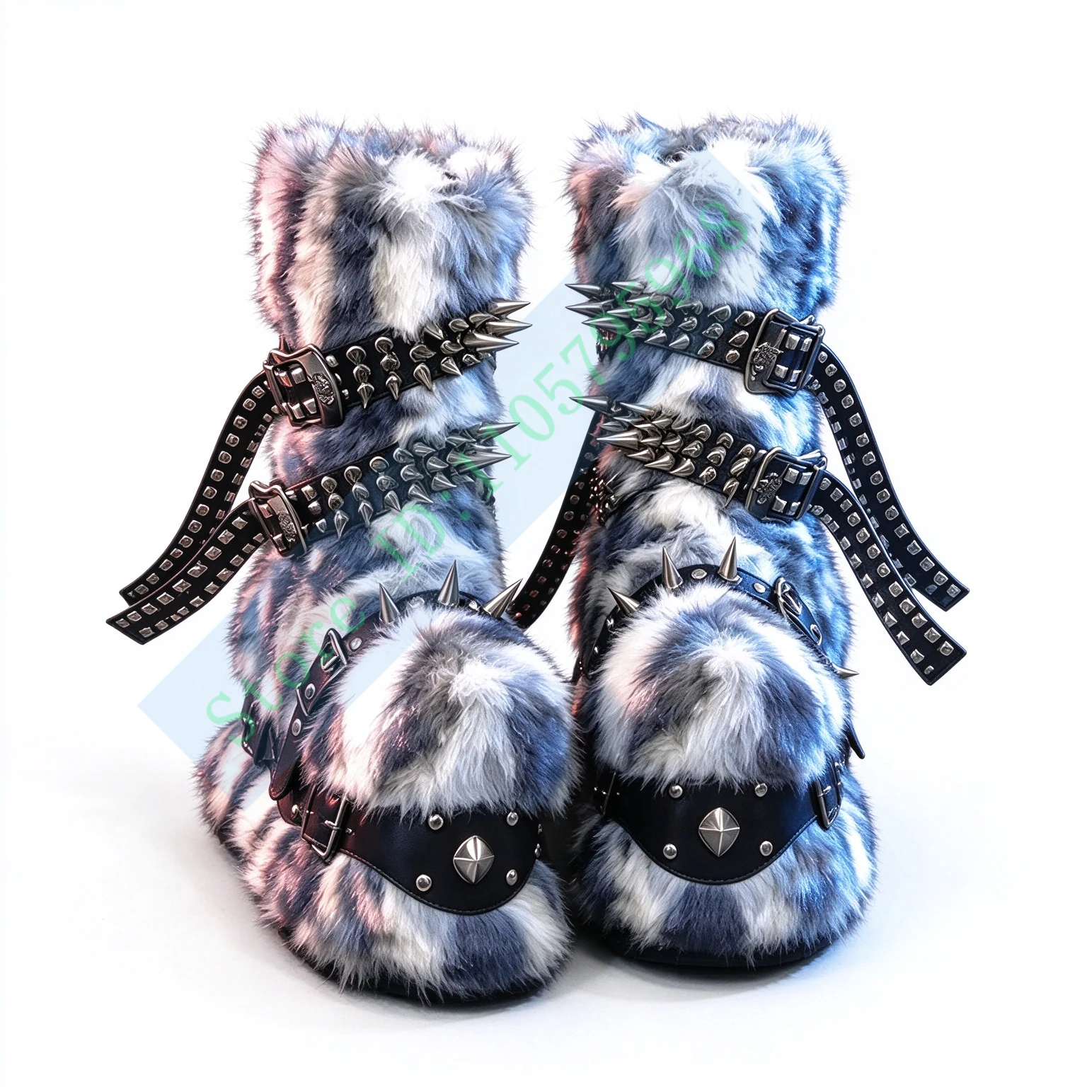 Women Fluffy Platform Mid Calf Boots Punk Spiked Multi Buckle Straps Gothic Y2K Shoes for Club Party Cosplay Street Wear
