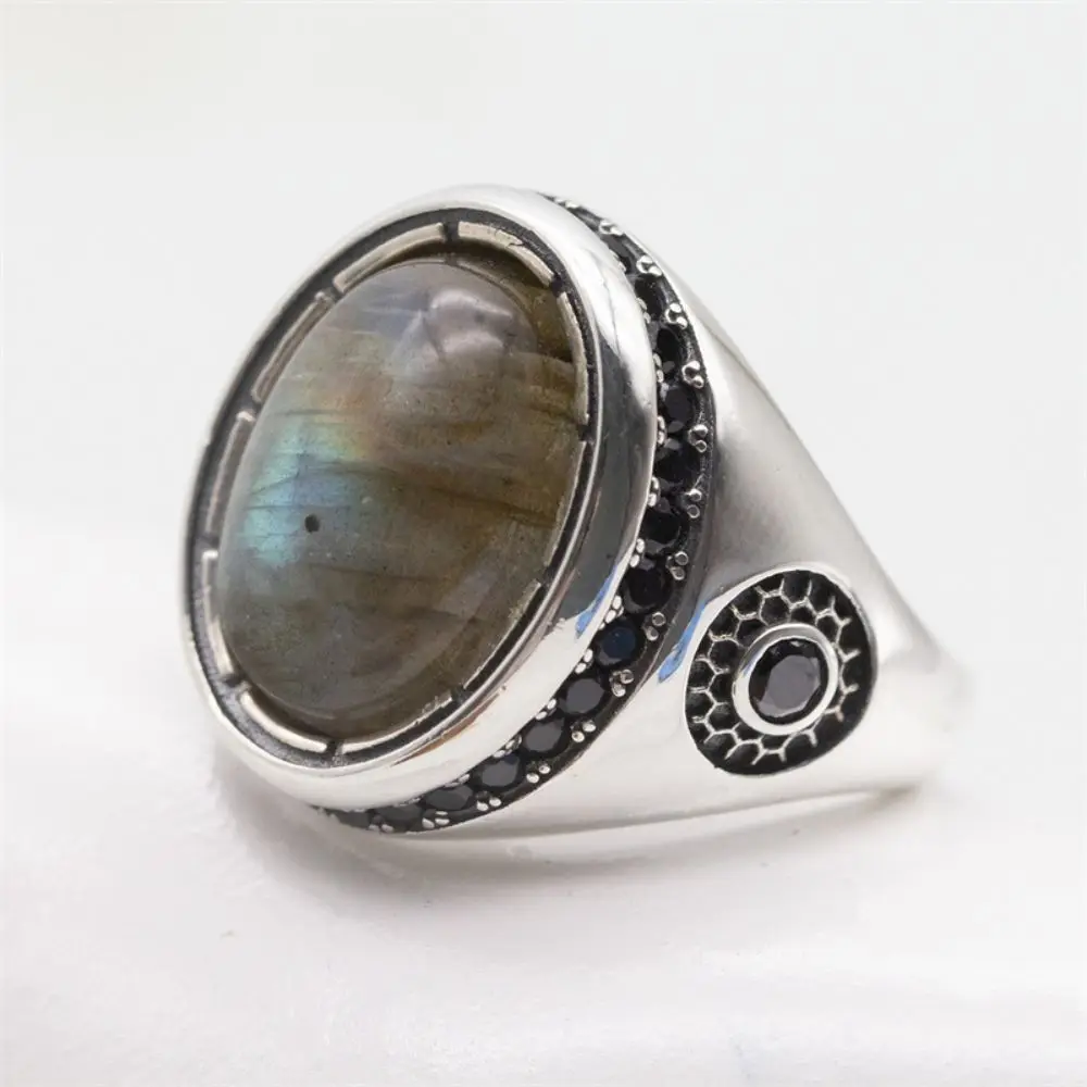 Real 925 Sterling Silver Italian Men Rings Wedding Fashion Rings Natural Labradorite Stone Handmade Vintage Ring Fast Shipping