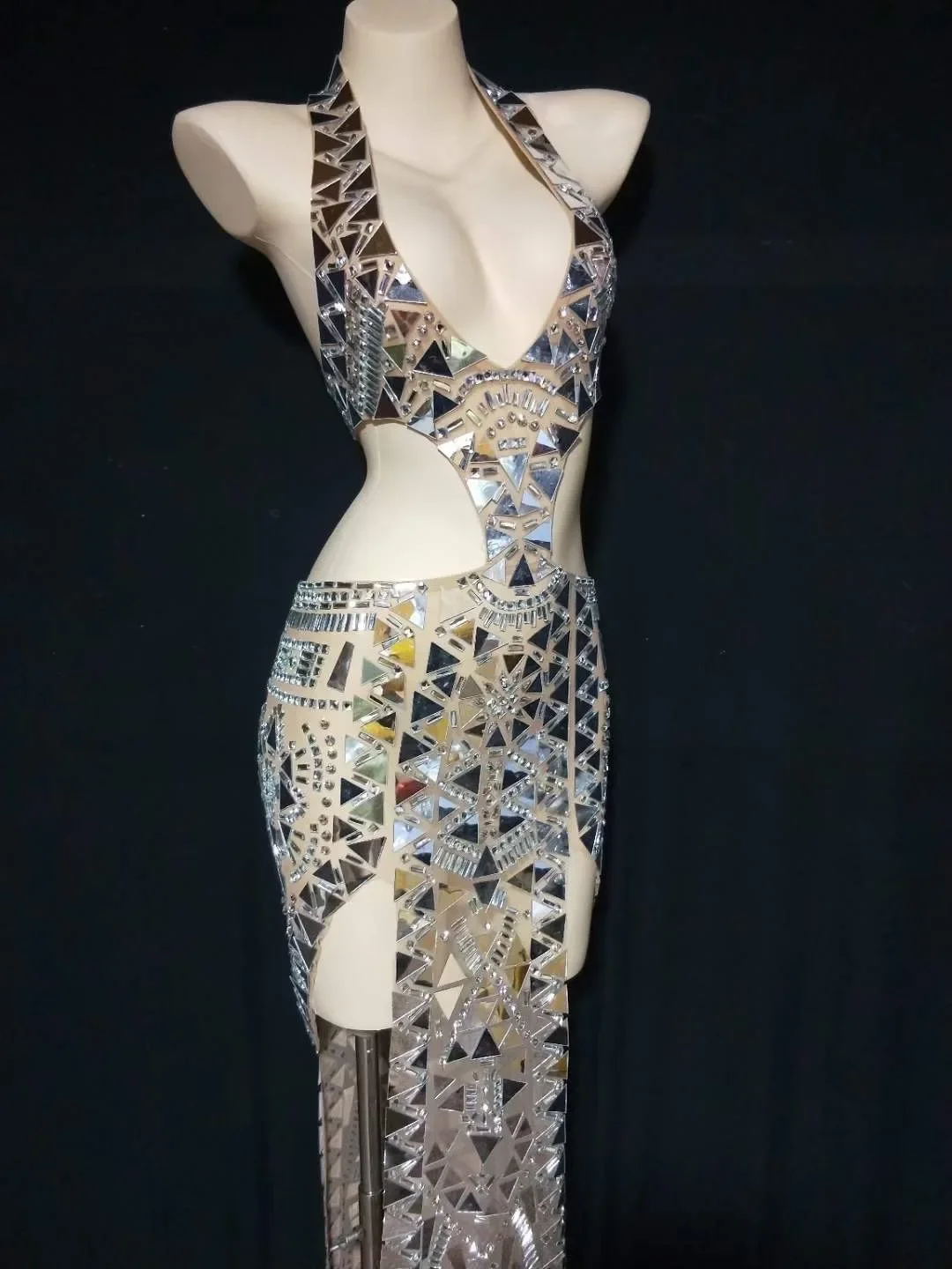 여성용 V넥 홀터 백리스 미러 스팽글 드레스 섹시한 홀로우 아웃 나이트클럽 파티 무대 의상 바웨어