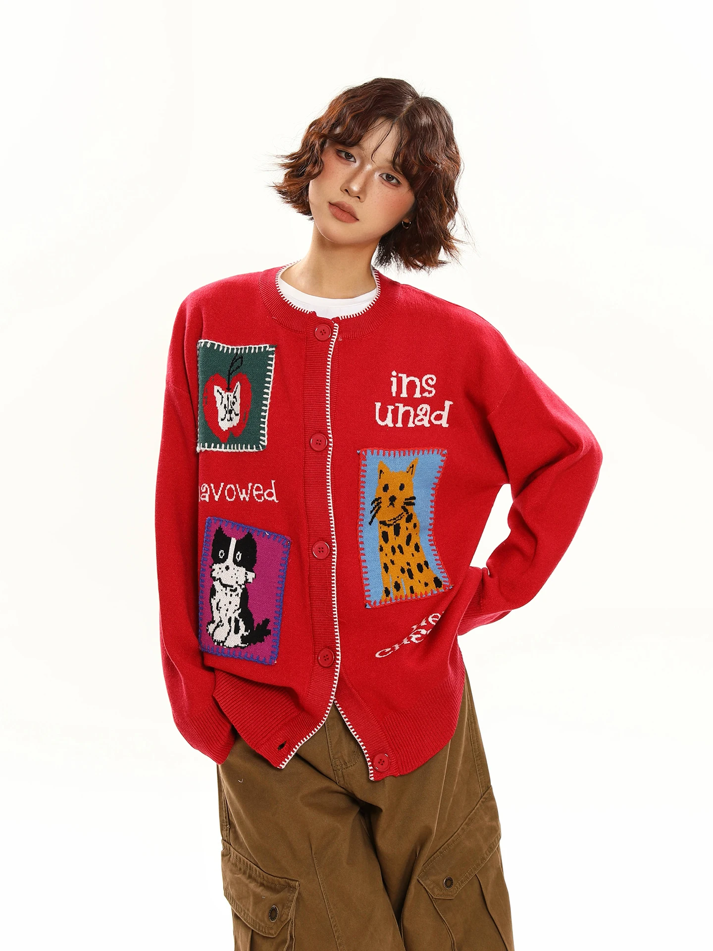 

Вязаный кардиган в американском ретро-стиле Chen Zhanlao: женский, осенне-зимний, свободный, повседневный, с открытым передом