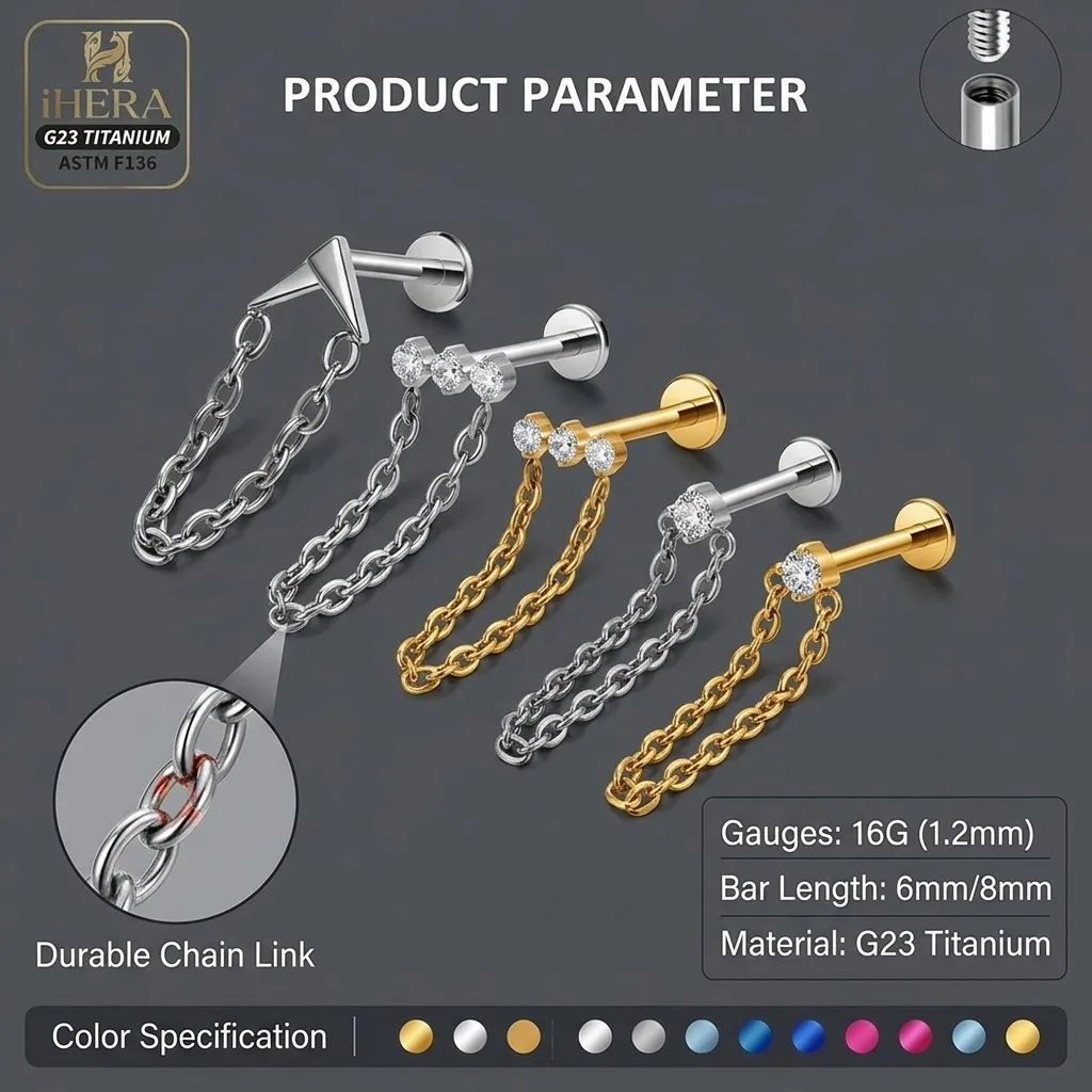 Arch Shape ASTM F136 Titanium Bling Zircon Dangle Chain Labret Stud Lip Monroe Medusa Piercing Jewelry Lot Internal Threaded Bar