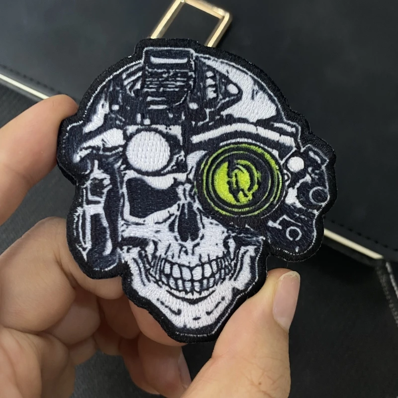 Skull Helmet Night Vision Device Morale Badge Embroidery Hook and Loop Patches Smiling Skull Outdoor Sports Tactical Armband