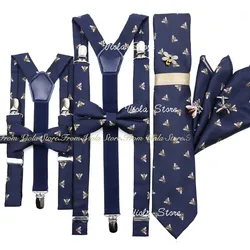 Hot Bee Embroidery 2.5cm Suspender 7.5cm Tie Hankie Men Kid Bow Set Green Navy Cravat Brace Straps Wedding Party Gift Accessory
