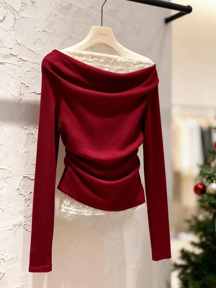 

Красный кружевной базовый слой на одно плечо Бато Ne Вязаный топ для поездок на работу Корейская версия Мягкий полиэстер Длинный све