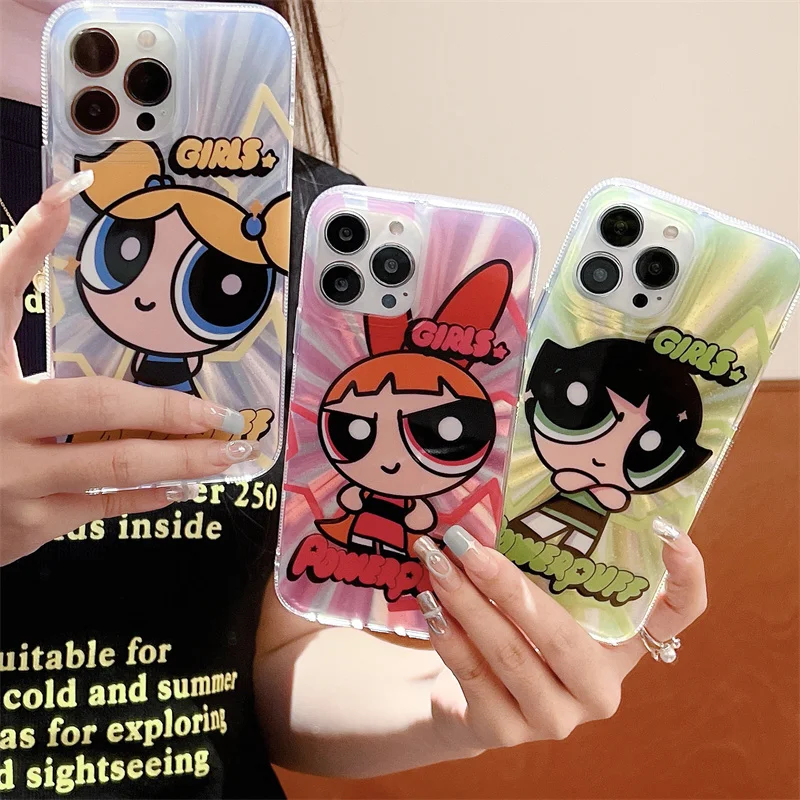 

Luxury Cartoon The Powerpuff Girls Glasses Holder Stand Case for iPhone 15 14 13 12 11 Pro Max Plus Glossy Silicone Back Cover