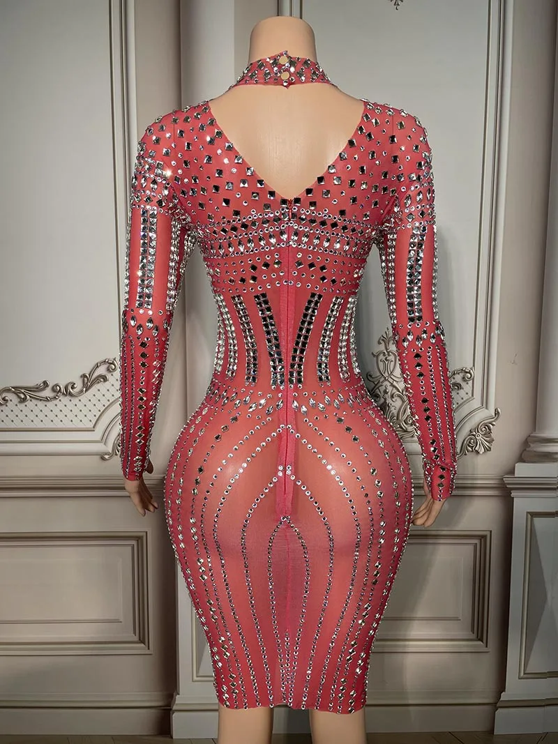 Birthday Diamond Performance Dress Pink Rhinestone Mesh Dinner Party Evening Elegant Dress Vestido Festa Luxuoso Vermelho Babado