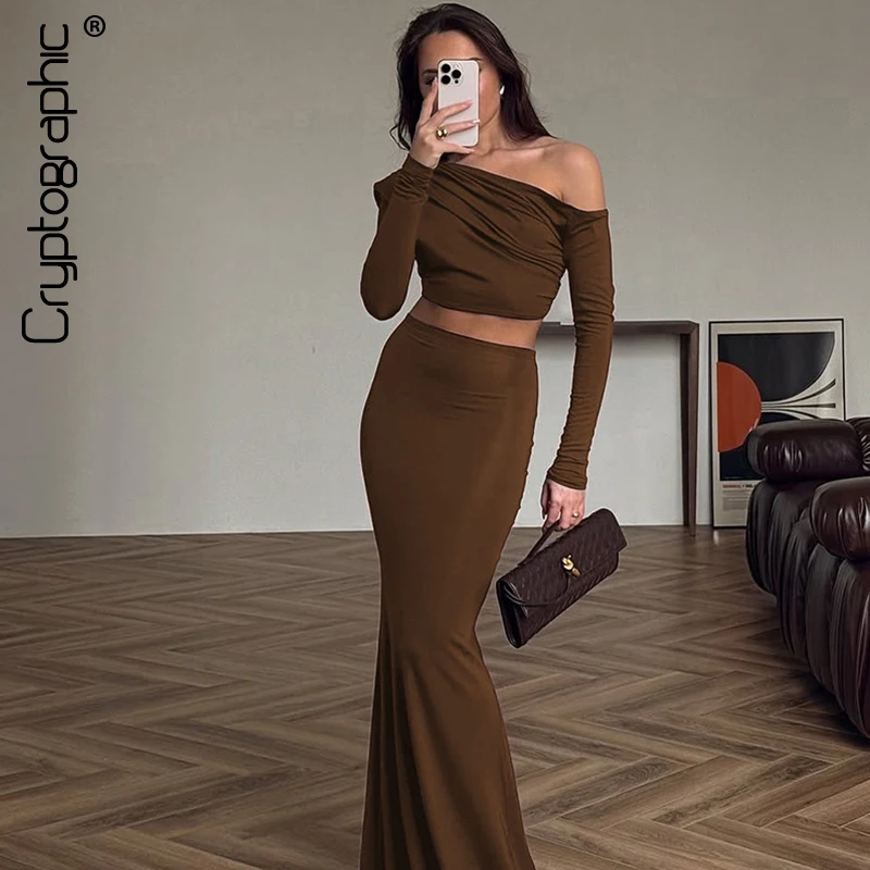 

Cryptographic Elegant Ruched Dress Sets Club Outfits for Women Asymmetrical Top and Maxi Skirts Bodycon 2 Piece Sets Clothes