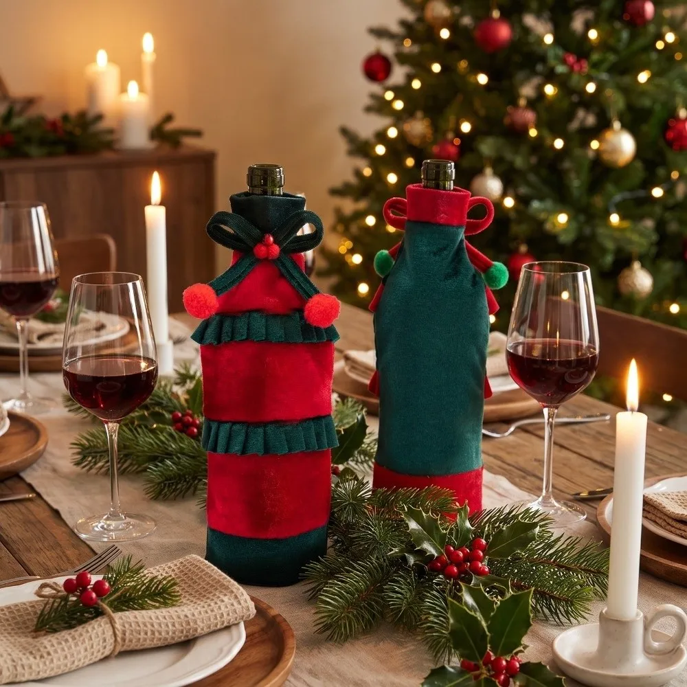 Bow Ruffled Christmas Velvet Bottle Cover 30cm 11.81in Velvet Wine Bottle Cover Bowknot Elegant Beer Bottle Cover