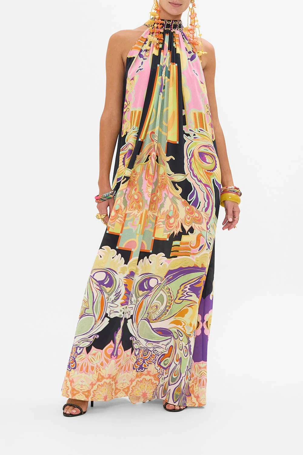 Women Halter Neck Sleeveless Flower Printed Silk Beaded Event Maxi Dress